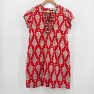 Bella Tu Red Ikat Beaded Cotton Tunic Dress Medium Split Neck Short Sleeve